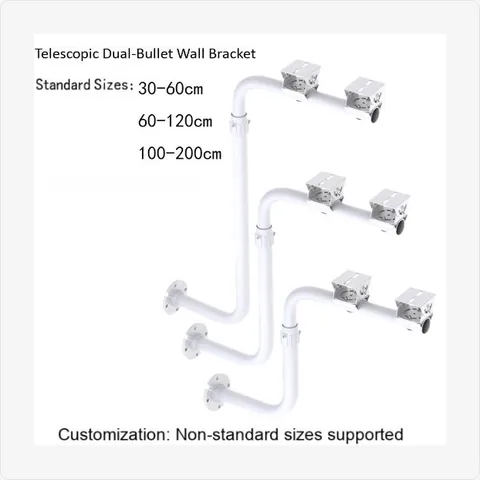 BRACKET-TELE-BU-FE2-TRA-AL-30-60CM heavy duty aluminum alloy telescopic u-shaped dual bullet fence mount (300-2000mm) feature:
available lengths: 300-600mm to 1000-2000mm; material: heavy-duty aluminum alloy; u-shaped dual-head design extends over walls/fences for comprehensive surveillance; anti-corrosion and long-lasting; great for perimeter security and parking lots for mounting brackets - RainboParts