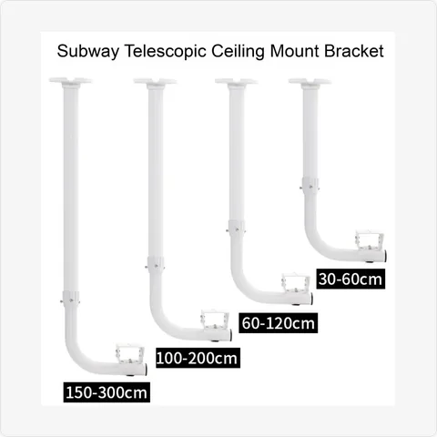 BRACKET-TELE-BU-L1-TRA-AL-30-60CM heavy duty aluminum alloy telescopic l-shaped single bullet camera mount (300-3000mm) feature:
available lengths: 300-600mm to 1500-3000mm; tube: 45mm outer / 38mm inner; material: premium aluminum alloy; l-shaped gooseneck design for ceiling or wall installation; sturdy structure for heavy cameras; built-in cable management; ideal for traffic/transit surveillance for mounting brackets - RainboParts