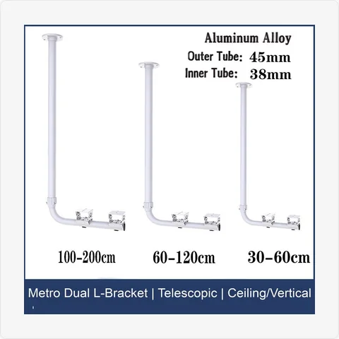 BRACKET-TELE-BU-L2-TRA-AL-30-60CM heavy duty aluminum alloy telescopic l-shaped dual bullet camera mount (300-2000mm) feature:
available lengths: 300-600mm to 1000-2000mm; material: durable aluminum alloy; features dual adjustable heads to mount 2 bullet cameras simultaneously; space-saving and cost-effective; perfect for monitoring two directions from one mounting point; easy to install for mounting brackets - RainboParts
