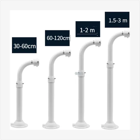 BRACKET-TELE-BU-L45-AL-L30-60CM aluminum alloy 45mm telescopic l-shaped bullet camera wall mount (300-3000mm, white) feature:
available lengths: 300-600mm to 1500-3000mm; tube diameter: 45mm; material: heavy-duty aluminum alloy; l-shaped gooseneck design for wall mounting; adjustable telescopic pole for flexible reach; universal head for most bullet cameras; concealed wiring for mounting brackets - RainboParts