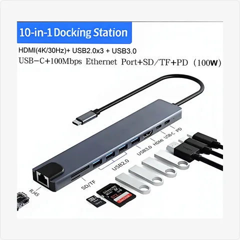 Dock-10in1-Long-100M-GY 10-in-1 type-c hub (long strip) with 100mbps ethernet (grey) for poe adapters - RainboParts