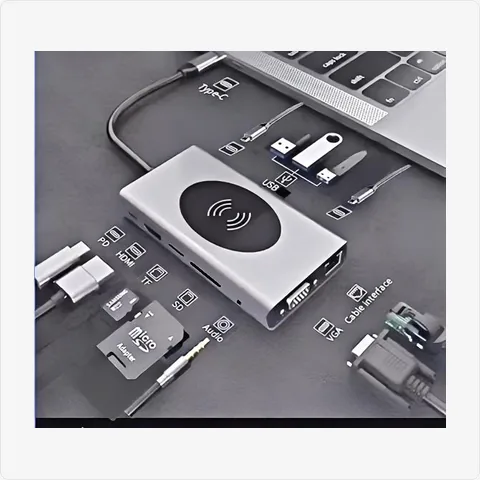 Dock-13in1-WL-Gigabit-GY 13-in-1 usb c docking station with wireless charging & gigabit ethernet for poe adapters - RainboParts