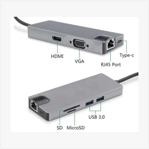 Dock-8in1-VGA-100M-GY 8-in-1 usb c docking station with vga, hdmi & 100mbps ethernet (grey) for poe adapters - RainboParts