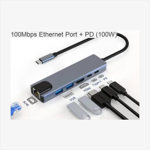 Dock-TC-6in1-100M-GY 6-in-1 multi-port hub with 100mbps ethernet (grey) for poe adapters - RainboParts