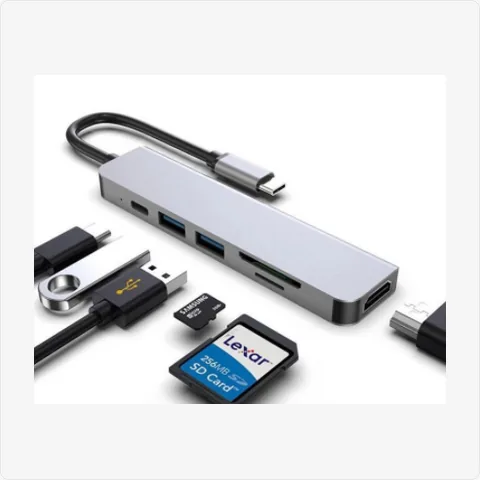 Dock-TC-6in1-Long-GY 6-in-1 usb c hub with 4k hdmi, 2x usb 3.0, sd/tf card reader & type-c port (grey, long strip design) for poe adapters - RainboParts